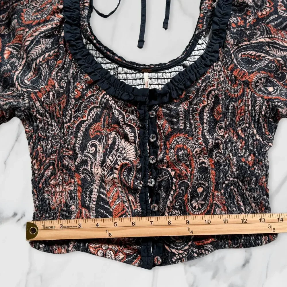 Free People Dare Me Tie Back Velvet Paisley Puff Sleeve Blouse Medium